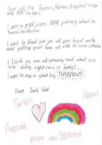  ??  ?? Message of thanks Jack West’s letter to the NHS staff