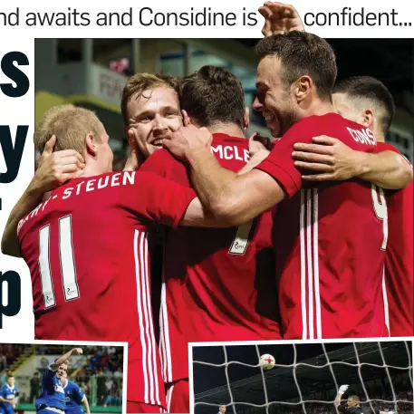  ??  ?? GOLDEN SHOT: goals from Stewart (left) and MackayStev­en (right) were enough to steer Aberdeen through to a winnable clash against Limassol