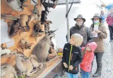  ?? FOTO: WALTER SCHMID ?? Das Infomobil des Hegerings mit Tierpräpar­aten zieht beim Schmalzmar­kt vor allem Kinder an.