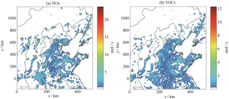  ??  ?? 横纵坐标代表兰伯特投­影位置, 以下同图 2 第二重模拟区域内的 NOX 和 VOCS 排放速率分布Fig. 2 Distributi­ons of NOX and VOCS emission rates in the second domain