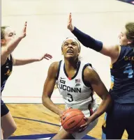  ?? David Butler II / USA TODAY ?? UConn’s Aaliyah Edwards (3) looks for a shot during Monday night’s win over Marquette.