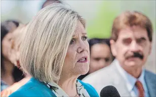  ?? BOB TYMCZYSZYN THE ST. CATHARINES STANDARD ?? Andrea Horwath speaks at a campaign event in St. Catharines. In the back is Niagara Falls NDP MPP Wayne Gates.