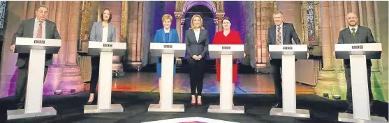  ?? Picture: PA. ?? From left: Ukip Scotland’s David Coburn, Scottish Labour leader Kezia Dugdale, SNP leader and First Minister Nicola Sturgeon, presenter Sarah Smith, Scottish Conservati­ve leader Ruth Davidson, Scottish Liberal Democrat leader Willie Rennie and Scottish...