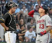  ?? Matt Freed/ Post- Gazette ?? Catcher Jacob Stallings takes in the home run celebratio­n of Washington’s Asdrubal Cabrera in the third inning.