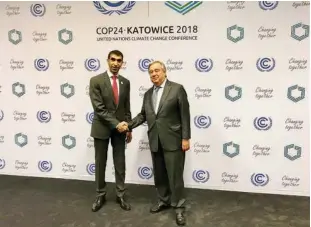  ??  ?? Dr Thani Bin Ahmed Al Zeyoudi meets Antonio Guterres during a conference on climate change in Katowice, Poland.