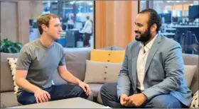  ??  ?? Saudi Arabia’s Deputy Crown Prince Mohammed bin Salman (R) meets Facebook CEO Mark Zuckerberg in the Facebook headquarte­rs in Silicon Valley on Wednesday.
