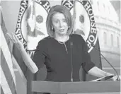  ?? J. SCOTT APPLEWHITE/AP ?? Speaker of the House Nancy Pelosi speaks Thursday during her weekly news conference.