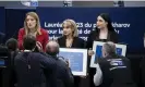  ?? Photograph: Anadolu/Getty Images ?? Roberta Metsola gives the prize to Mersedeh Shahinkar and Afsoon Najafi, who collected the award on behalf of Amini’s relatives.