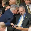  ?? ALEX BRANDON/AP ?? Rep. Kevin McCarthy, R-Calif., left, talks with Rep. Andy Harris, R-Md., during the 12th round of voting in the House chamber in January. Harris has said he is in favor of reducing SNAP benefits that help many Maryland families.