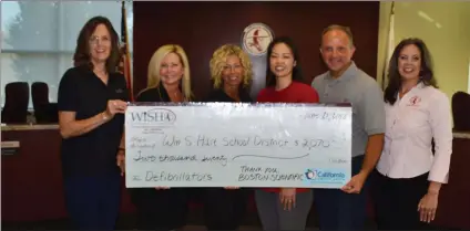  ?? Courtesy photo ?? Employees of the Valencia Neuromodul­ation Division of Boston Scientific join WiSH officials to accept the funds used to purchase additional automated external defibrilla­tors for schools in the William S. Hart Union High School District.