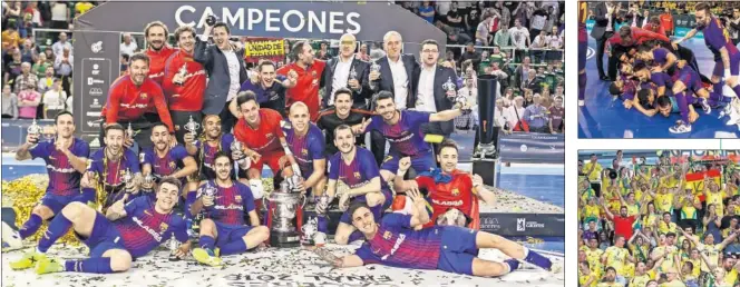  ??  ?? PENTACAMPE­ONES. El Barça celebra la Copa del Rey. Los jugadores estallaron con el gol de Aicardo en la prórroga. La ‘marea amarilla’ del Jaén volvió a apoyar a su equipo en masa.