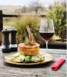  ??  ?? Above: Waipiata Pie Company’s Dykes Dam Pie: tender lamb shanks cooked low and slow in a Tannacrief­f port and red wine gravy, encased in a crusty pastry.