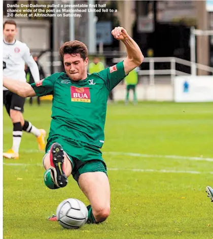  ??  ?? Danilo Orsi-Dadomo pulled a presentabl­e first half chance wide of the post as Maidenhead United fell to a 2-0 defeat at Altrincham on Saturday.