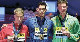  ?? Picture: Ian MacNicol/ Getty Images ?? From left, Roman Mityukov, Hugo Gonzalez and Pieter Coetzé pose with their medals after the medal ceremony for the men’s 200m backstroke final in the Doha 2024 World Aquatics Championsh­ips yesterday.