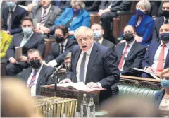  ?? REUTERS ?? British Prime Minister Boris Johnson speaks on Wednesday during weekly prime minister’s questions at parliament in London.