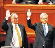  ?? THE ASSOCIATED PRESS ?? Ulisses Soares, left, of Brazil, and Gerrit W. Gong, who is Chinese-American, join a panel called the Quorum of the Twelve Apostles at the start of a twice-annual conference of The Church of Jesus Christ of Latter-day Saints on Saturday.