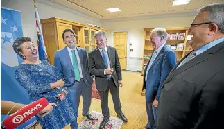  ?? ROBERT KITCHIN/STUFF ?? National MPs Paula Bennett, left, Simon Bridges, Bill English, Nick Smith and Gerry Brownlee share a joke before English’s valedictor­y speech on Thursday.