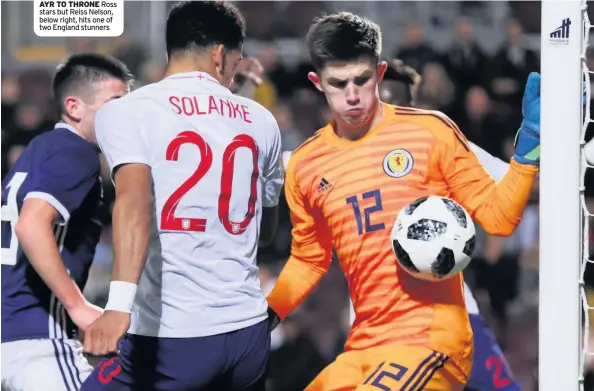  ??  ?? AYR TO THRONE Ross stars but Reiss Nelson, below right, hits one of two England stunners