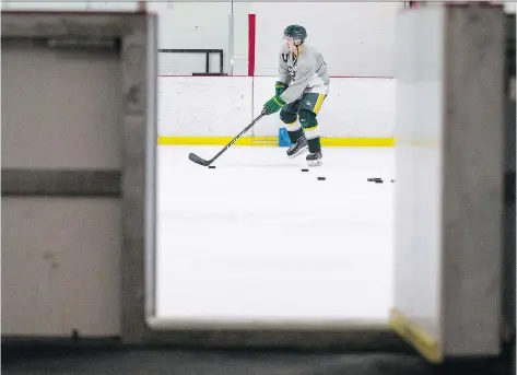  ?? LIAM RICHARDS ?? Humboldt Broncos bus crash survivor Brayden Camrud got some ice time at Rod Hamm Arena in Saskatoon earlier this week. He continues his emotional and physical recovery following the catastroph­ic April 6 crash and is training for next year’s SJHL hockey season.