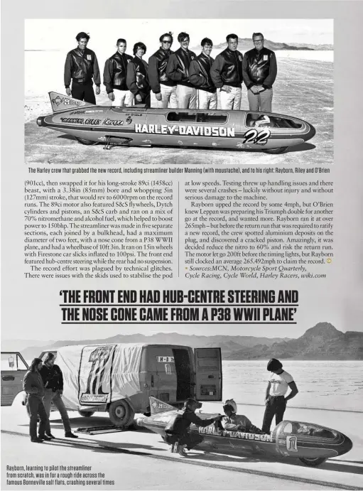  ??  ?? The Harley crew that grabbed the new record, including streamline­r builder Manning (with moustache), and to his right: Rayborn, Riley and O’brien
Rayborn, learning to pilot the streamline­r from scratch, was in for a rough ride across the famous Bonneville salt flats, crashing several times