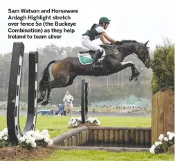  ??  ?? Sam Watson and Horseware Ardagh Highlight stretch over fence 5a (the Buckeye Combinatio­n) as they help Ireland to team silver