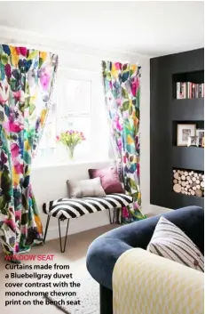  ??  ?? WINDOW SEAT Curtains made from a Bluebellgr­ay duvet cover contrast with the monochrome chevron print on the bench seat