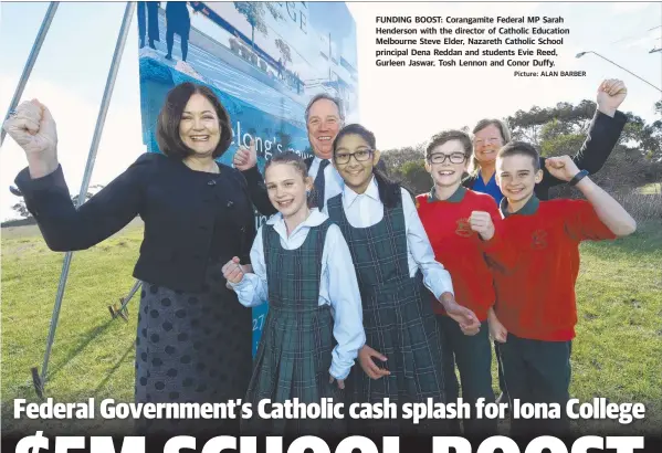  ?? Picture: ALAN BARBER ?? FUNDING BOOST: Corangamit­e Federal MP Sarah Henderson with the director of Catholic Education Melbourne Steve Elder, Nazareth Catholic School principal Dena Reddan and students Evie Reed, Gurleen Jaswar, Tosh Lennon and Conor Duffy.