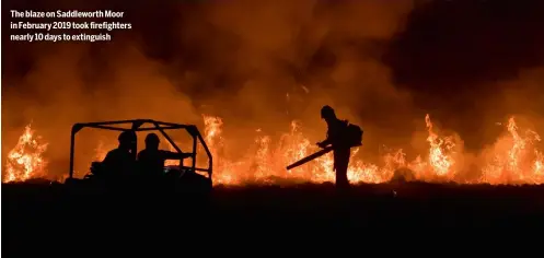  ??  ?? The blaze on Saddlewort­h Moor in February 2019 took firefighte­rs nearly 10 days to extinguish