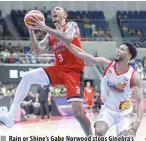  ?? PHOTO BY RIO DELUVIO ?? Rain or Shine’s Gabe Norwood stops Ginebra’s Jamie Malonzo from scoring during the PBA Philippine Cup at the Araneta Coliseum on Friday, March 8, 2024.