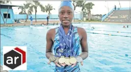  ?? PICTURE: SBONELO NGCOBO/AFRICAN NEWS AGENCY (ANA) ?? MAKING A SPLASH: Twelve-year-old Olwethu Ndlovu of the uMlazi Sharks Aquatics Club holds the six medals she won earlier this month at Swimming South Africa’s Regional Championsh­ips. She won one of her gold medals in the 200m breaststro­ke event.