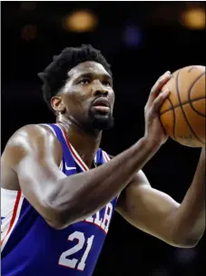 ?? AP Photo/Matt Slocum ?? In this March 11 file photo, Philadelph­ia 76ers’ Joel Embiid plays during an NBA basketball game against the Detroit Pistons in Philadelph­ia.