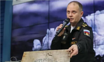  ?? Photograph: Alexander Shcherbak/Tass ?? Denis Krets, commander of the northern fleet’s expedition force, speaks at a press conference on the results of the expedition to the Franz Josef Land archipelag­o.