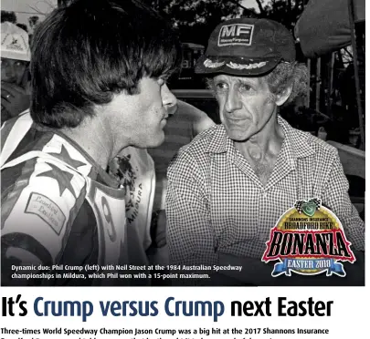  ??  ?? Dynamic duo: Phil Crump (left) with Neil Street at the 1984 Australian Speedway championsh­ips in Mildura, which Phil won with a 15-point maximum.