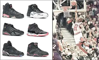  ?? (Pic: Dailymail) ?? Michael Jordan’s sneakers sell for record-breaking £6.3 million: Six sneakers, worn by Jordan for his six NBA Championsh­ips, sold for a record-breaking US$8 million at auction in New York. ‘The Dynasty Collection’ is made up of six individual Air Jordan sneakers. They were worn by Jordan in the clinching game in his NBA Finals victories. Sold to a buyer in the room at Sotheby’s on Friday, the shoes set a new world record for gameworn sneakers.