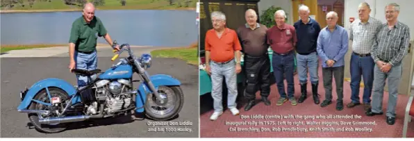  ??  ?? Organiser Don Liddle and his 1000 Harley.
Don Liddle (centre) with the gang who all attended the inaugural rally in 1975. Left to right, Walter Higgins, Dave Grimmond, Col Brenchley, Don, Rob Pendlebury, Keith Smith and Rob Woolley.