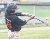  ?? JASON MALLOY/THE GUARDIAN ?? Morell Chevies centre-fielder Avery Arsenault hits a single Wednesday off of Charlottet­own Jays starter Calvin Larkin during Kings County Baseball League action at Memorial Field.