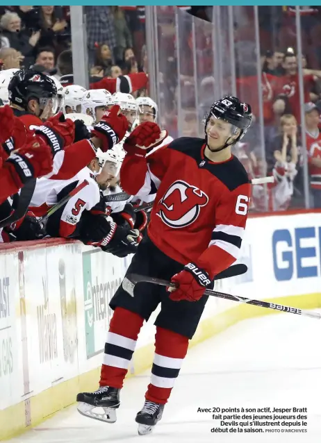  ??  ?? Avec 20 points à son actif, Jesper Bratt fait partie des jeunes joueurs des Devils qui s’illustrent depuis le début de la saison. PHOTO D’ARCHIVES