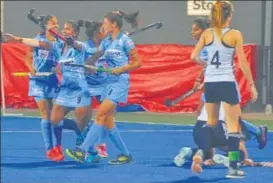  ?? HI ?? ▪ Mumtaz Khan (No 9) celebrates her goal along with other teammates in Lucknow on Tuesday.