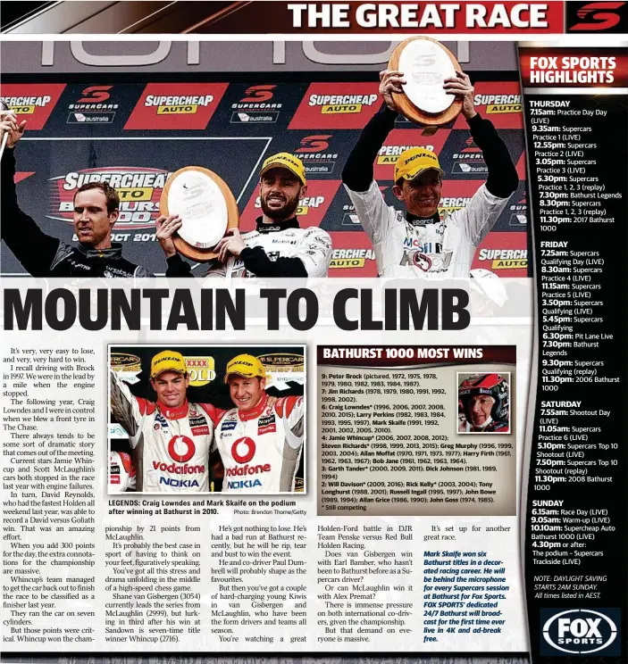  ??  ?? LEGENDS: Craig Lowndes and Mark Skaife on the podium after winning at Bathurst in 2010.