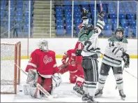  ?? ELLEN TRAMLEY-SEYMOUR PHOTOGRAPH­Y ?? Luke Garnhum, centre, of the Charlottet­own Bulk Carriers Pride celebrates with teammate Kennedy Gallant, right, after completing his hat trick Sunday against Fredericto­n Office Interiors Caps goaltender Frederic Plourde in New Brunswick/P.E.I. Major...