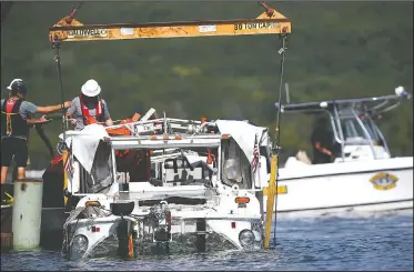  ?? AP/Springfiel­d News-Leader/NATHAN PAPES ?? The duck boat that sank in Table Rock Lake in Branson, Mo., was raised Monday. The boat went down Thursday evening after a thundersto­rm generated near-hurricane strength wind.