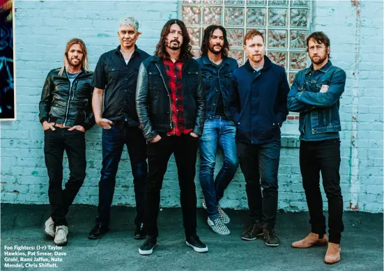  ??  ?? Foo Fighters: (l-r) Taylor Hawkins, Pat Smear, Dave Grohl, Rami Jaffee, Nate Mendel, Chris Shiflett. “When I’m writing lyrics,
what I’m trying to do is express frustratio­n at how
everyone is so divided.”