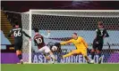  ??  ?? Aston Villa’s Jack Grealish scores his side’s seventh goal. Photograph: Catherine