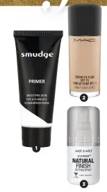  ??  ?? 1 2 3
1. Smudge Primer (R60). By Clicks 2. M.A.C Studio Fix Fluid SPF 15 (R530) 3. Wet n Wild Photofocus Natural Finish Setting Spray (R80). By Clicks