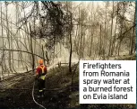  ??  ?? Firefighte­rs from Romania spray water at a burned forest on Evia island