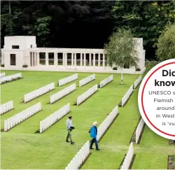 ??  ?? FAR LEFT, TOP AND BOTTOM The German cemetery at Langemark is one of only four in Flanders ABOVE, LEFT Claudia and Niall at the Buttes New British Cemetery ABOVE, RIGHT The Brooding Soldier monument, officially known as the St Julien Canadian Memorial,...