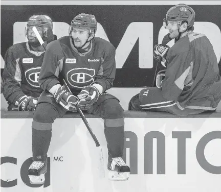  ?? JOHN MAHONEY/MONTREAL GAZETTE ?? Montreal Canadiens P.K. Subban, left, Tomas Plekanec and Max Pacioretty, seen during a recent practice, haven’t done enough in the absence of goaltender Carey Price and forward Brendan Gallagher and the result has been a five-game losing streak.