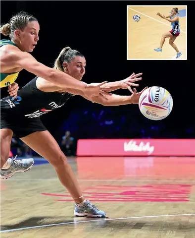  ??  ?? Jamie-Lee Price of Australia (L) and Gina Crampton of New Zealand battle for the ball in the Silver Ferns’ 2019 World Cup final win.
Inset: Gina Crampton, pictured playing for the Southern Steel, has some big decisions to make about her future.
