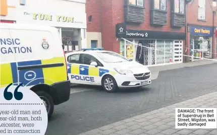  ??  ?? DAMAGE: The front of Superdrug in Bell Street, Wigston, was badly damaged