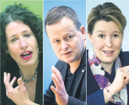  ??  ?? Bettina Jarasch (Grüne), Klaus Lederer (Linke) und Franziska Giffey (SPD) sind die Spitzenkan­didat*innen von R2G in Berlin (von links).